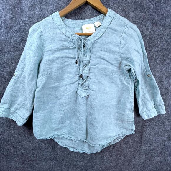 Maeve By Anthropologie Blouse Top Womens 4 Blue Linen Roll Tab Sleeve Lace Up - Picture 1 of 8